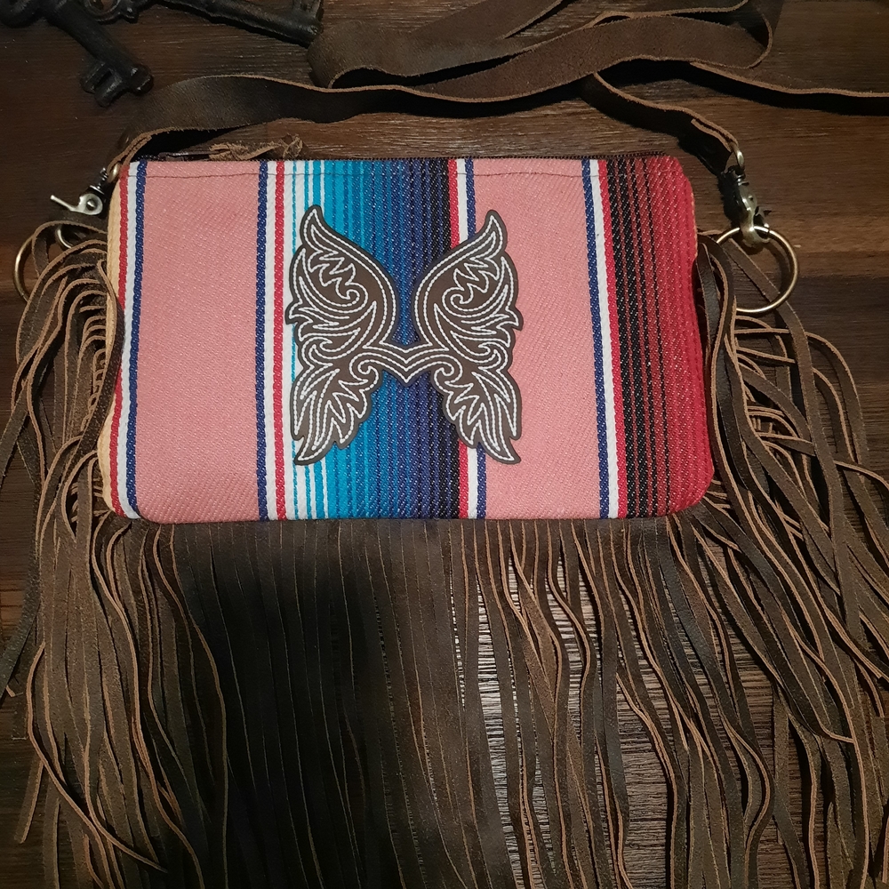 Boho Chic Pink and Blue Fringed Crossbody Bag